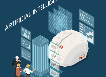 Artificial intelligence in modern construction technologies isometric background with connected hardhat and augmented reality elements vector illustration